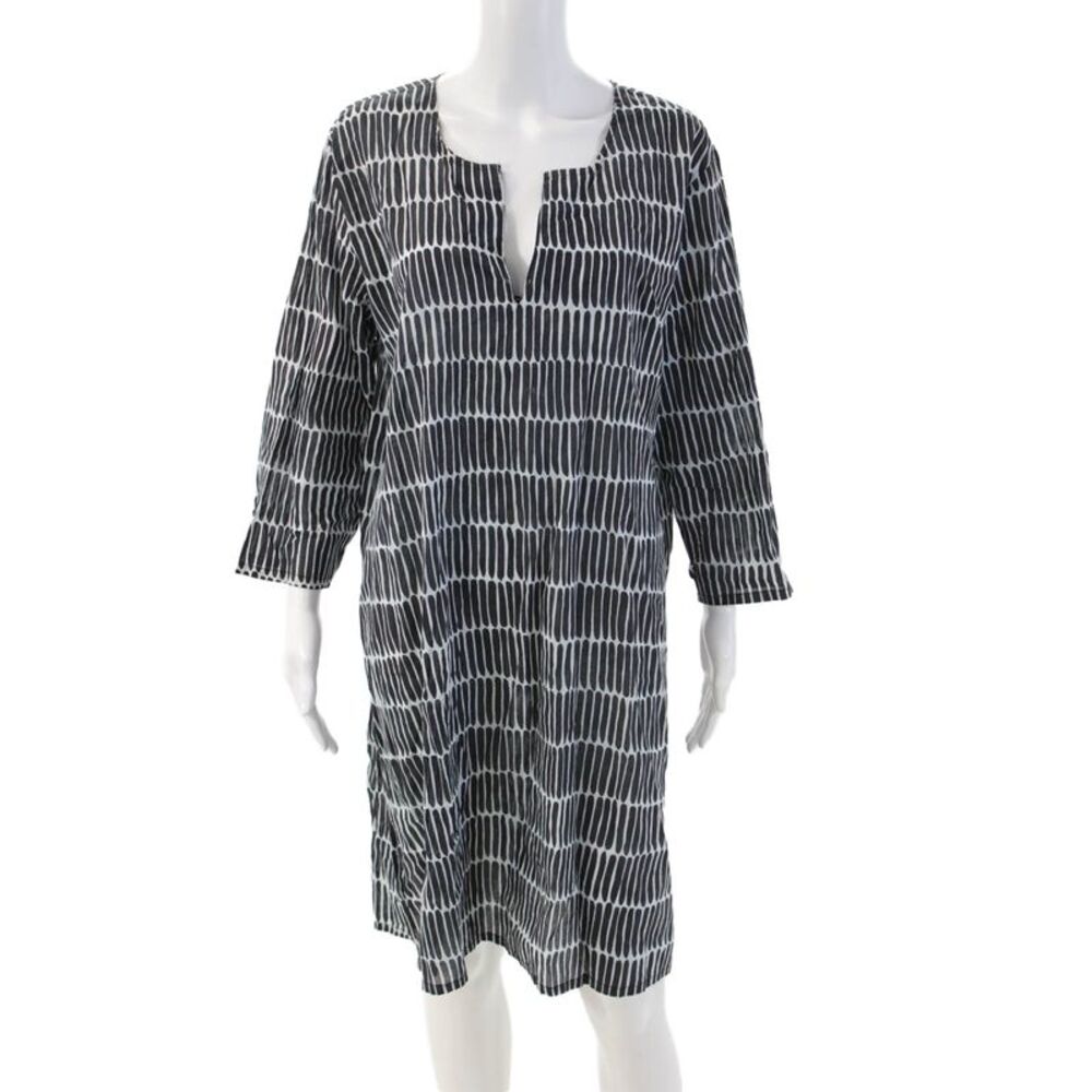 See Design Womens Kaftan Shift Dress Black Geometric Cotton 3/4 Sleeve Size L